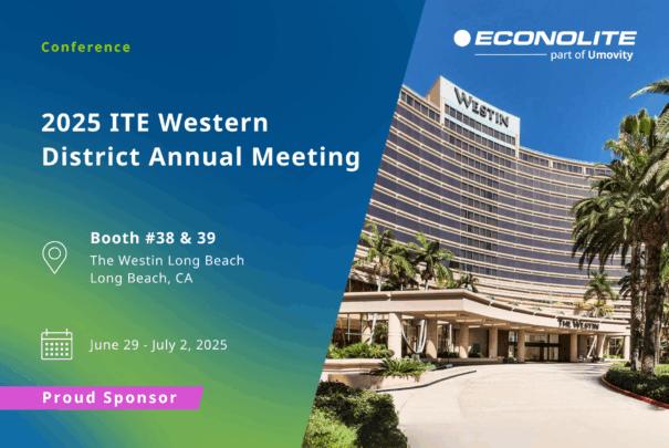 Promotional graphic for the 2025 ITE Western District Annual Meeting, announcing Econolite as an attendee and proud sponsor. Event details include dates June 29–July 2, 2025, at the Westin Long Beach, CA. Image highlights Econolite’s booth numbers 38 and 39, with mentions of live demos, expert insights, and smart transportation innovations.