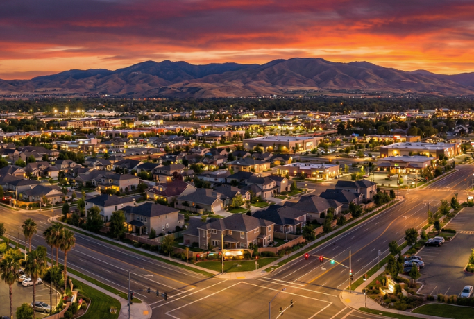 Vulnerable road users safety initiatives in Nampa, ID, showing an aerial view of a city intersection and residential neighborhood at sunset with mountains in the background.