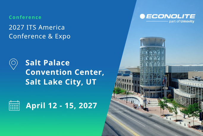 Econolite 2027 ITS America Conference and Expo banner featuring Salt Lake City UT, April 12-15