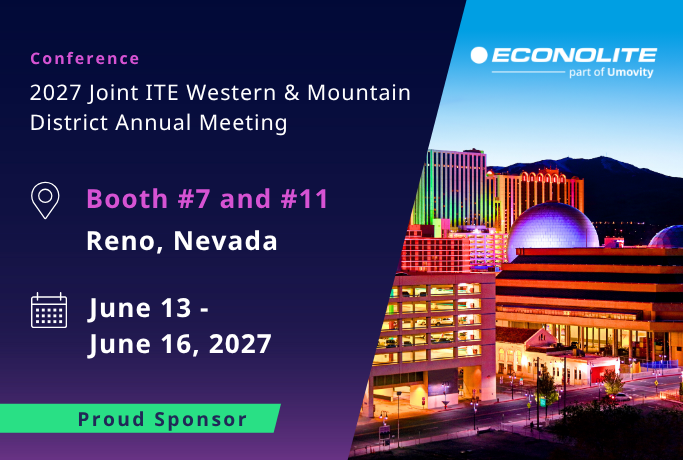 Econolite 2027 Joint ITE Western and Mountain District Annual Meeting banner featuring Reno Nevada, June 13-16, Booths 7 and 11