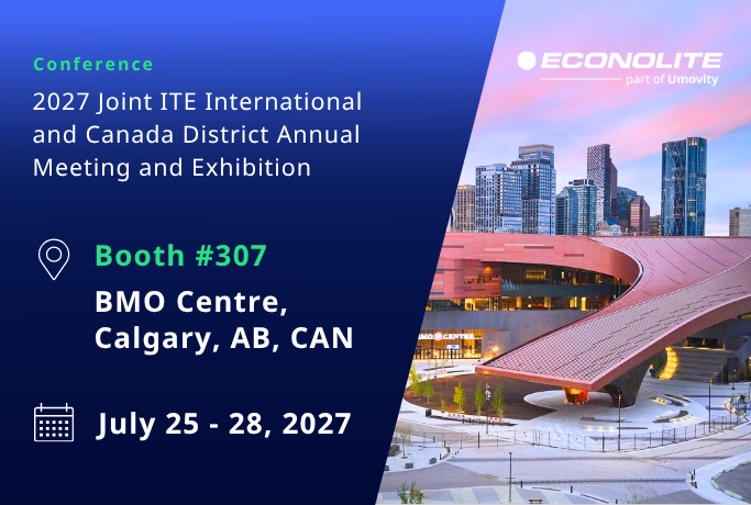 Econolite 2027 Joint ITE International and Canada District Annual Meeting banner featuring Calgary AB Canada, July 25-28, Booth 307