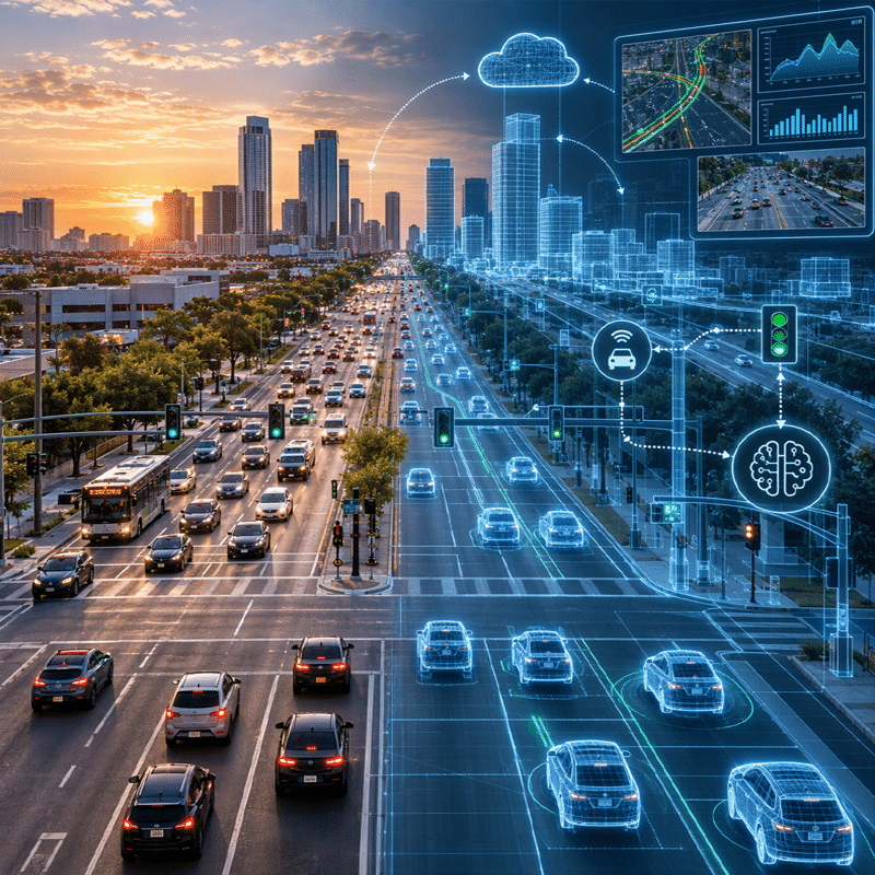 Digital twin graphic showing a real-world city corridor split with a blue 3D wireframe digital model featuring traffic analytics and AI signal control.
