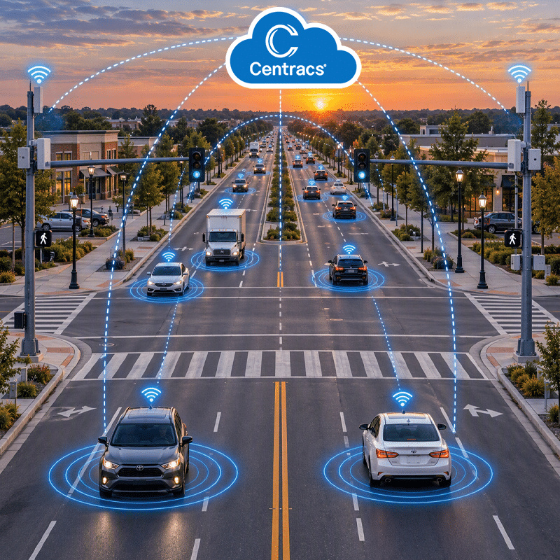 Connected traffic management graphic showing Centracs cloud software communicating with vehicles and signalized intersection infrastructure.