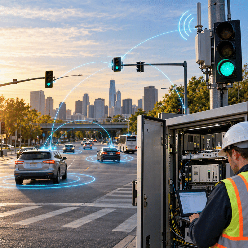 Traffic technician configuring an ATC cabinet with connected vehicle software communicating with nearby vehicles and signal heads.